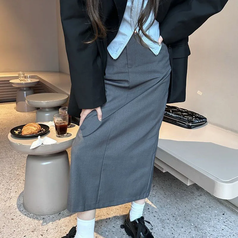 

Fashion Back Split Suit Skirt Woman 2023 Spring Summer with Belt Gray Midi Skirts Women Korean High Waist Office A-Line Skirt