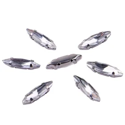 Pack of 20 Glass Sew-On Rhinestones with Claw Setting - Horse Eye Shape on Silver Metal Base (Clear Crystal)