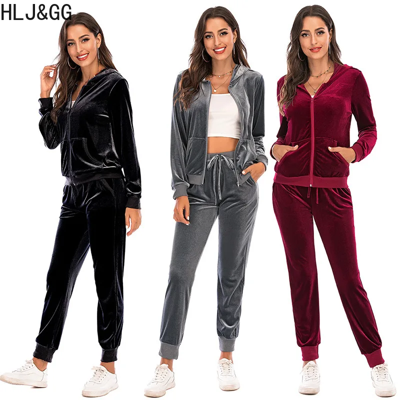 HLJ&GG Fall Winter Hooded Tracksuits Casual Zipper Long Sleeve Top + Jogger Pants Two Piece Sets Women Solid Sporty 2pcs Outfits