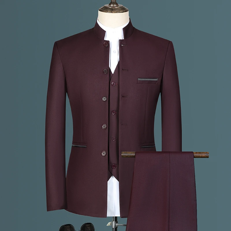 Men's Casual Chinese Style Suit Set Slim Fit Blazers Jacket Coat Pants Vest mens suit