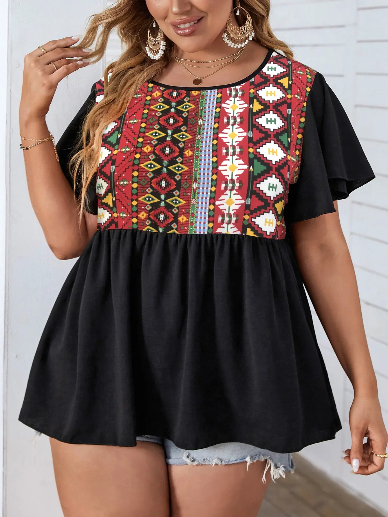 Finjani Plus Size Geo Print Butterfly Sleeve Peplum Blouse 2022 Summer Women Short Sleeve Fashion Tops Loose O-Neck Tee