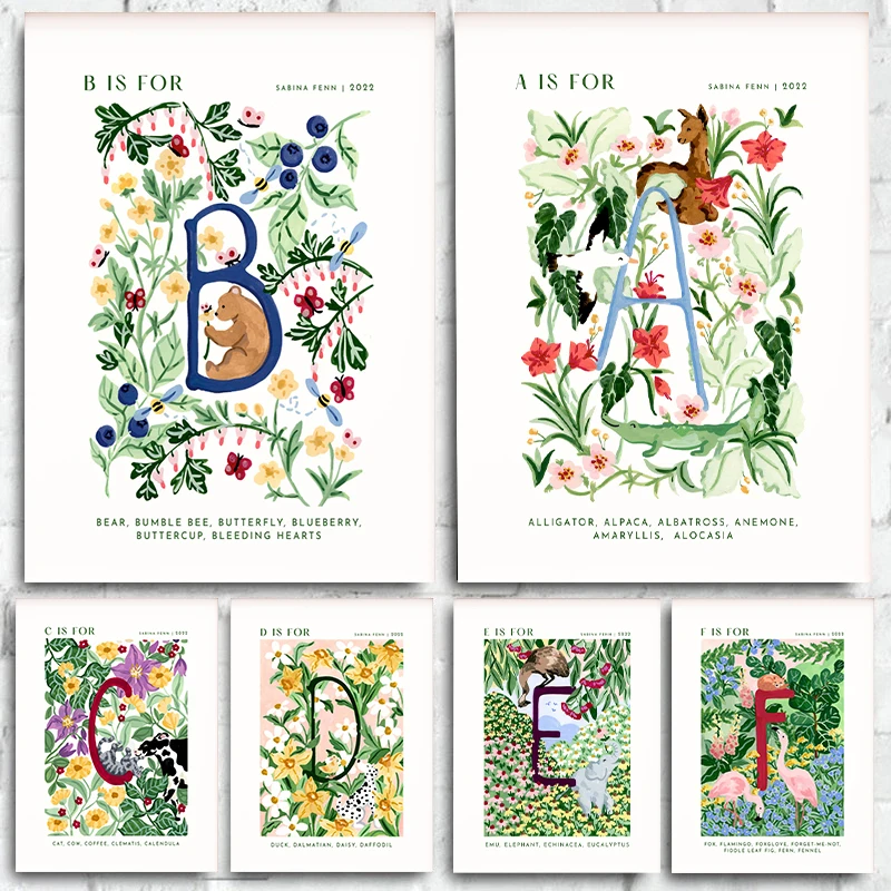 Poster Alfabetico Botanico Tropicale Pittura Su Tela Animali Lettera Wall Art Picture For Nursery Baby Room Kids Room Decor