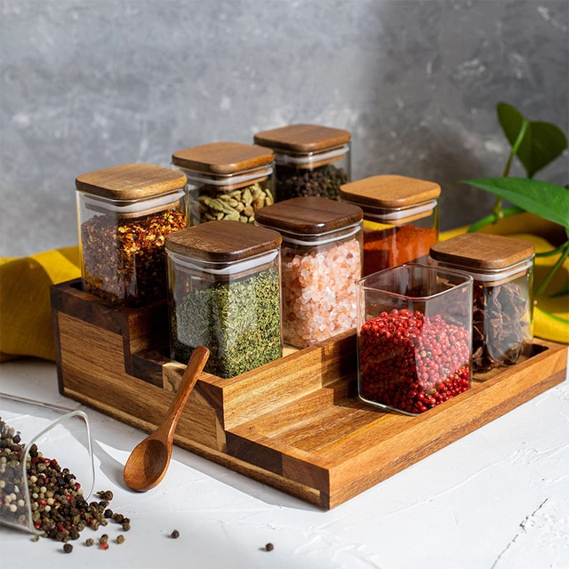 4Pcs Acacia Wood Cover Seasoning Jar Square Transparent Glass Bottles  Kitchen Storage Salt Spice Restaurant Sealing
