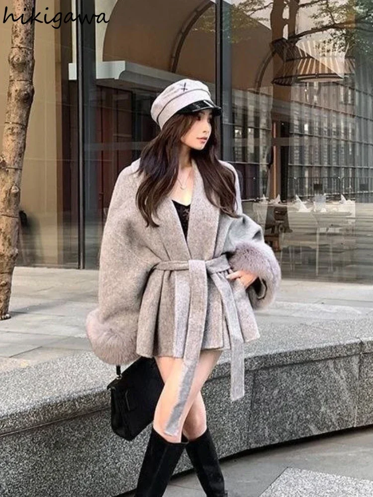 Fashion Coats for Women Patchwork Furry Long Sleeve Bandage Outwear Korean Y2k Clothing Korean Temperament Solid Color Jackets 2