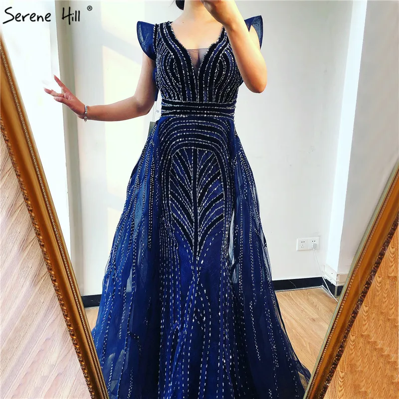 Dubai Navy Blue Deep-V Evening Dresses 2025 Crystal Luxury Mermaid