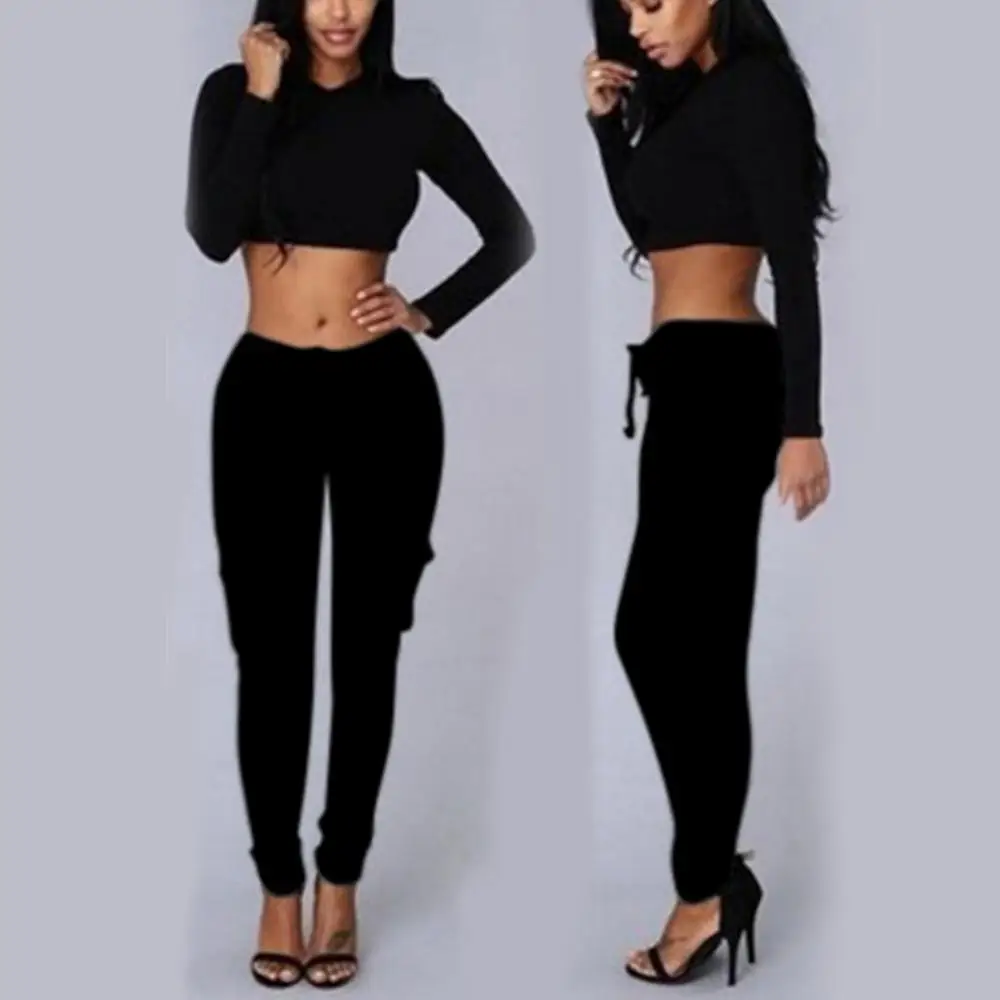 

Fashion Casual Pants Trousers Women Solid Color Skinny Polyester 2021 Autumn Cargo Pockets Drawstring Joggers
