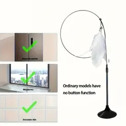 Interactive Cat Teaser Toy with Bell & Feather Wand - Long Suction Cup Pole for Engaging Playtime Adventures (White Normal)