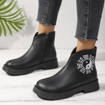 من المألوف جديد مريح سميكة سوليد المضادة للانزلاق أحذية نسائية الشتاء الرجعية مثير جولة رئيس سستة أحذية قصيرة غير رسمية 5