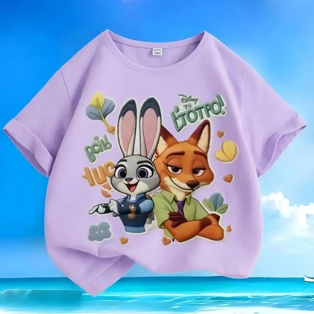 New loose pure cotton t-shirt with Disney Zootopia print, versatile, casual, summer, short-sleeved, with round neck,for children