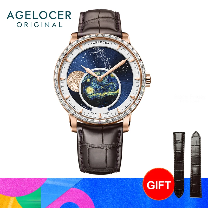 AGELOCER Original Astronomer Watch Men Gold Watch Mechanical Automatic Moonphase Watch Diamond Watch Birthday Gift for Men