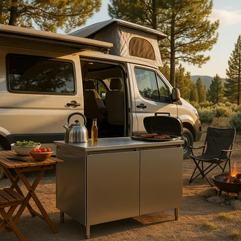 ตู้ครัวสมัยใหม่ ตู้ครัวสแตนเลสสำหรับกลางแจ้ง ดีไซน์ลิ้นชักตะกร้า ตู้ครัวสำหรับรถบ้าน 2