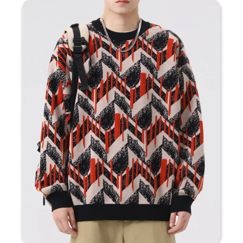 

Men's fall red sweater loose pullover sweater crew-neck base
