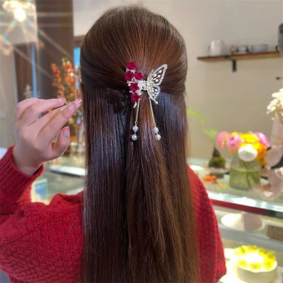 Elegant Red Flower Butterfly Tassel Hairpin Banquet Ceremony Party Women's Dress-Up Hair Accessory Women's Hair Clip