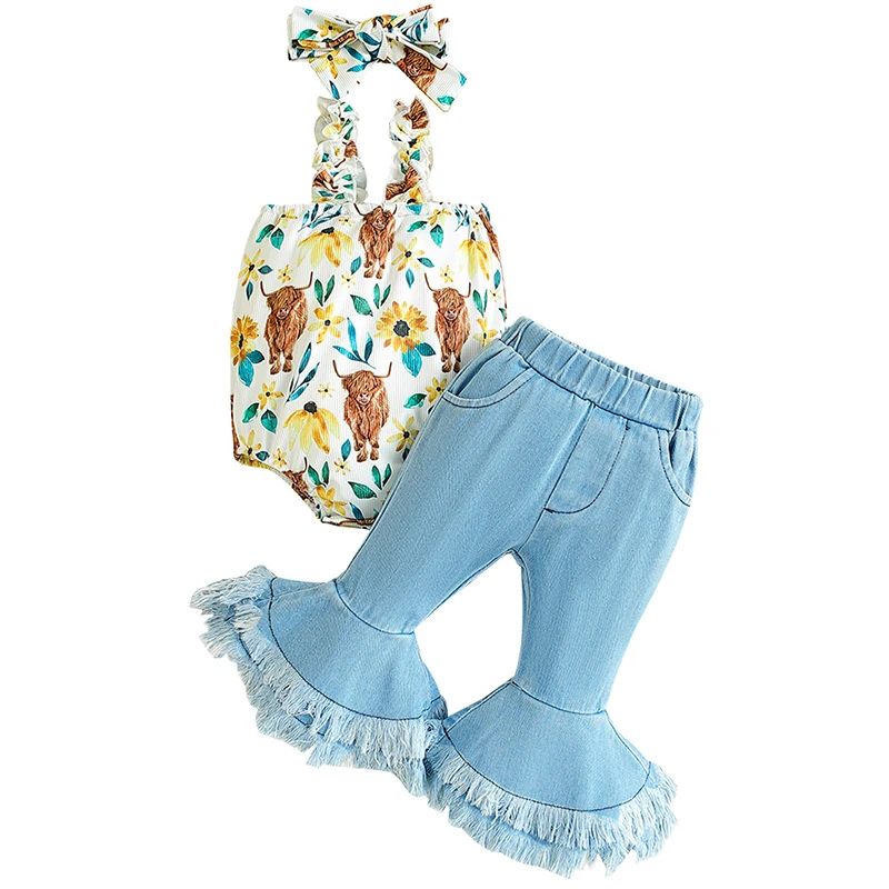 3Piece Summer Girls Outfit Sets Korean Cartoon Flower Print Sleeveless Newborn Bodysuit+Flared Jeans Baby Luxury Clothing BC1885
