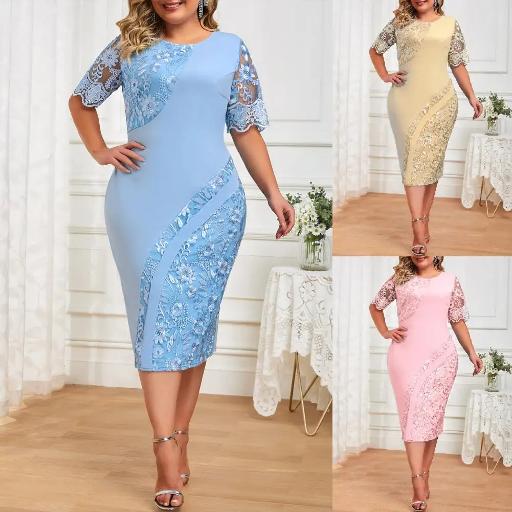 

Women Midi Dress Flower Embroidery Solid Color Round Neck Short Sleeve Patchwork Lace Slim Fit Party Prom Banquet Sheath Dress