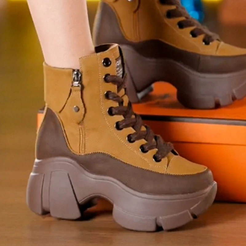 Trendy Contrasting Color Boots Women 2023 New Chunky Heel Platform Winter Women's Boots Autumn High-top Lace-up Sport Short Boot