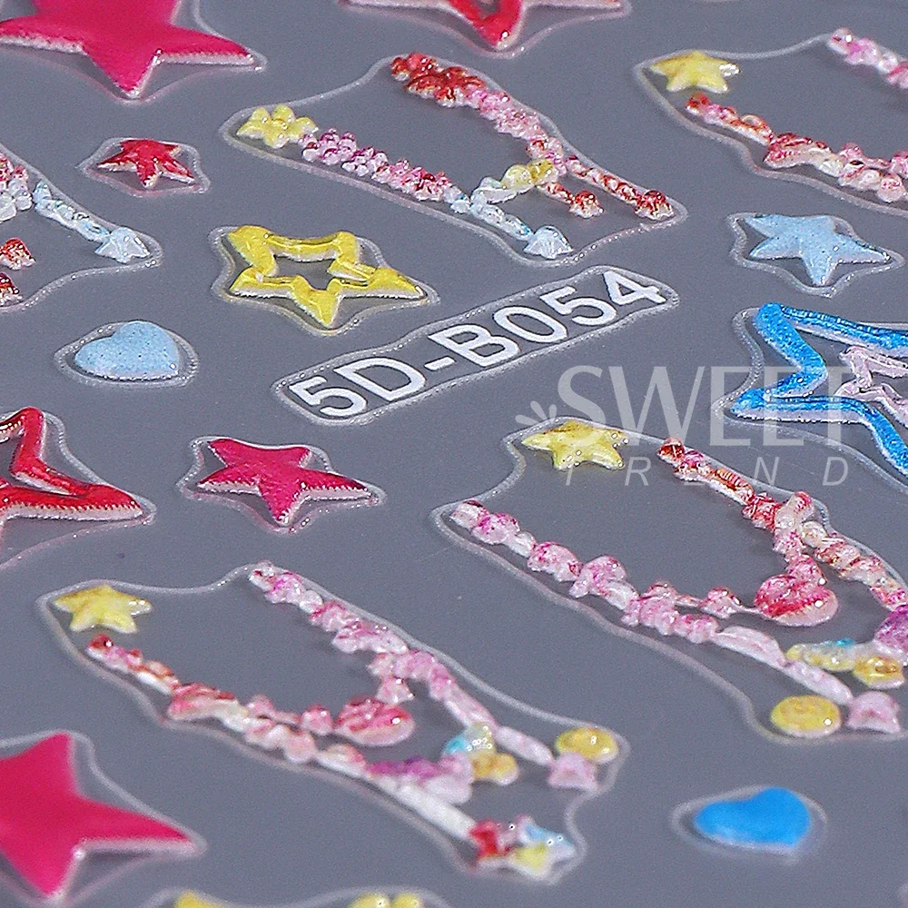 5D Tassel Bow Star Nail Stickers Y2K Colorful Star Love Heart Nail Art Decals Valentine's Day Manicure Accessories Nail Supplies