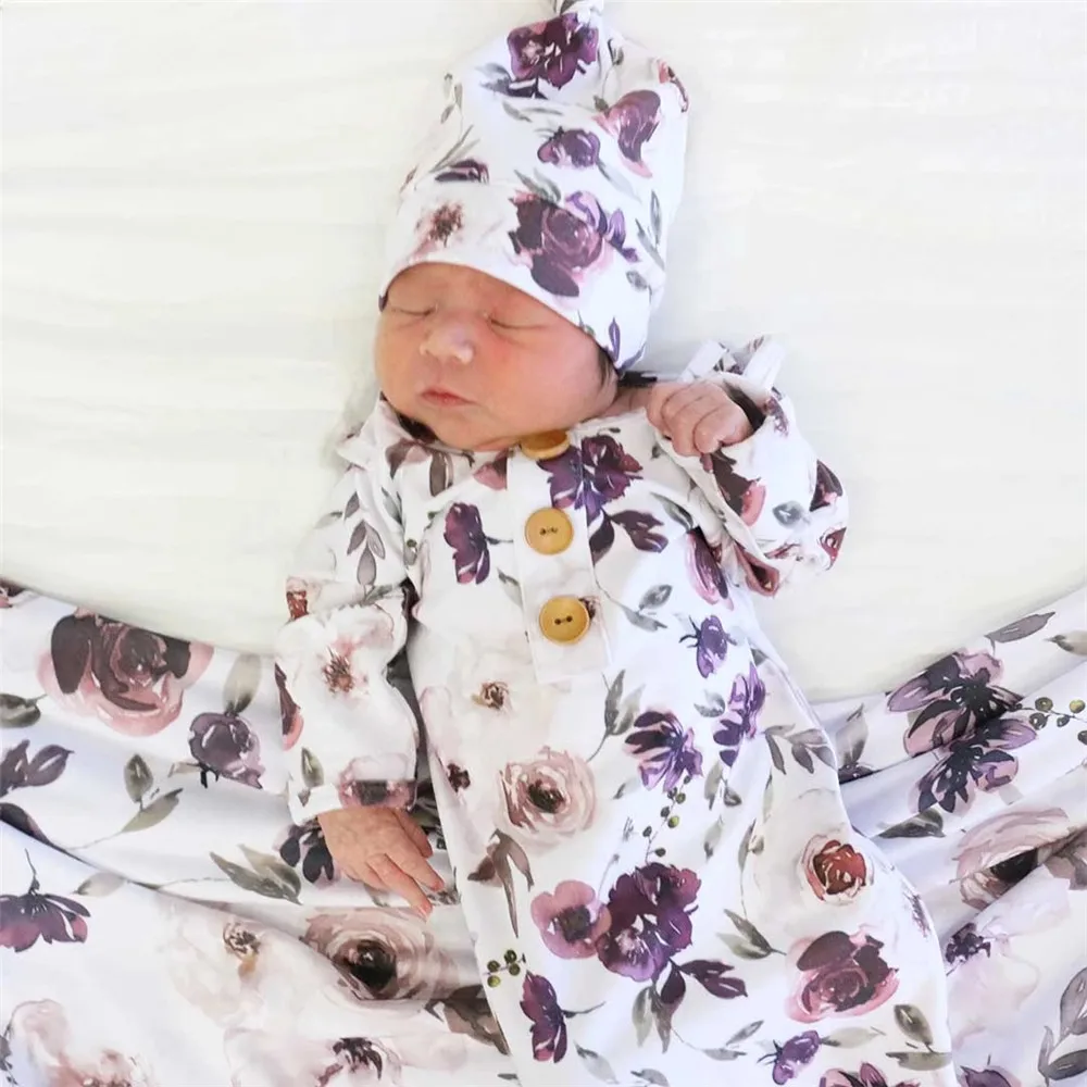 2Pcs Kids Girls Boys Sleeping Bags+Hats 2pcs Flowers Print Long Sleeve Cotton Blanket 5 Colors