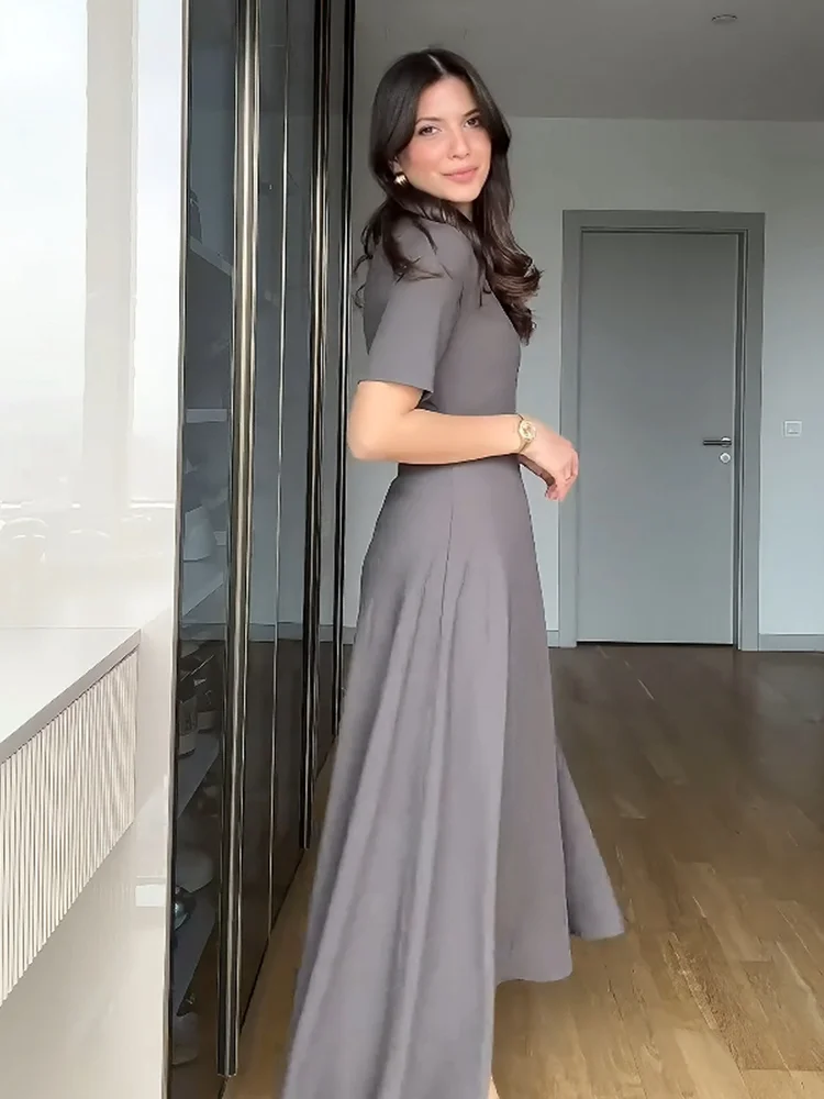 فستان RARA نسائي طويل رمادي برقبة دائرية وأكمام قص...