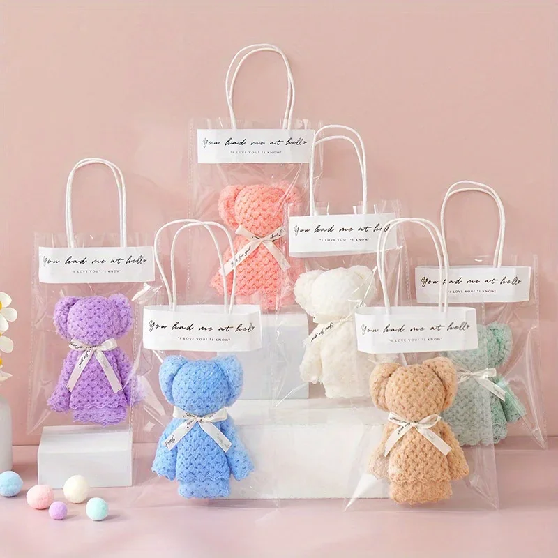10 piece cute teddy bear towel gift set, equipped with a transparent tote bag and suitable souvenirs for various holiday sharing