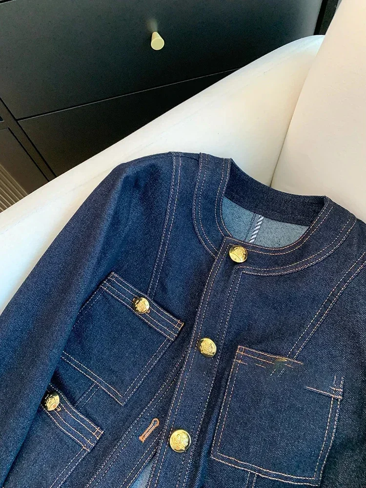 Syiwidii Blue Denim Jacket Women Autumn Classic Style Short Coat 2024 New Korean Fashion Pockets O-Neck Female Loose Jackets 4
