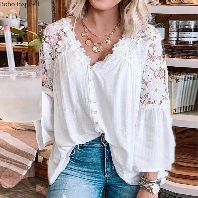 BOHO INSPIRED Blusa de manga larga acampanada para Top blanco botones de encaje de ganchillo, cuello en V, corsé calado, top vintage, 2022|Blusa| AliExpress