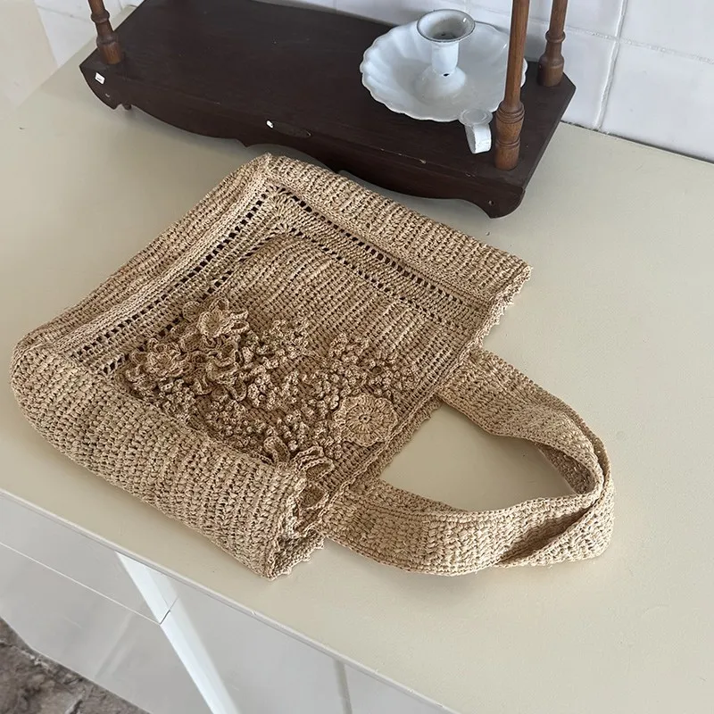 Summer Flower Woven Tote Bag Bohemian Travel Straw Bags for Women Handbags Designer Shoulder Bags Bali Beach Bag Shopper Purses