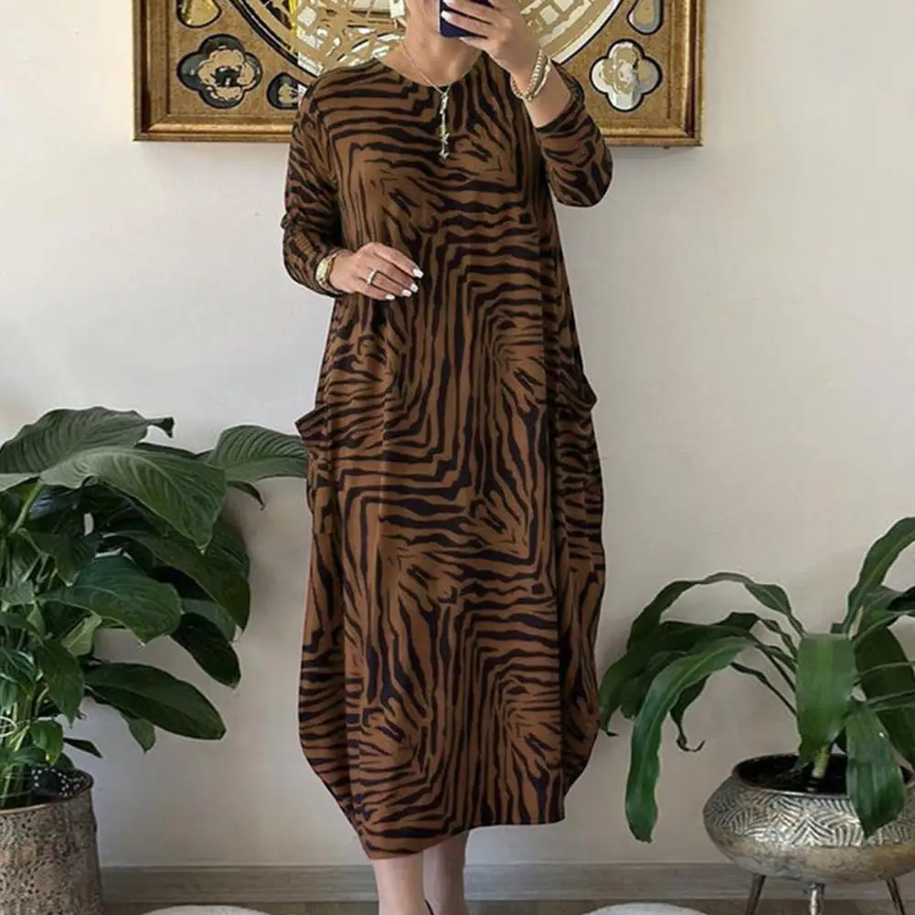 

Leopard Print Dress Leopard Print Maxi Dress with Long Sleeves Pockets for Women Oversized O Neck Ankle Length Fall Spring