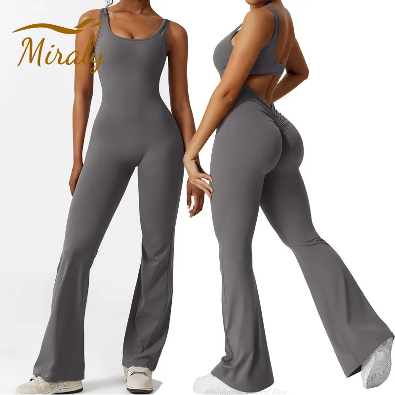 Super Sale Women Sleeveless Workout Flare Jumpsuits Sexy Backless Gym Bodycon Scrunch Butt Yoga Rompers V Back Lizvette Playsuit 1