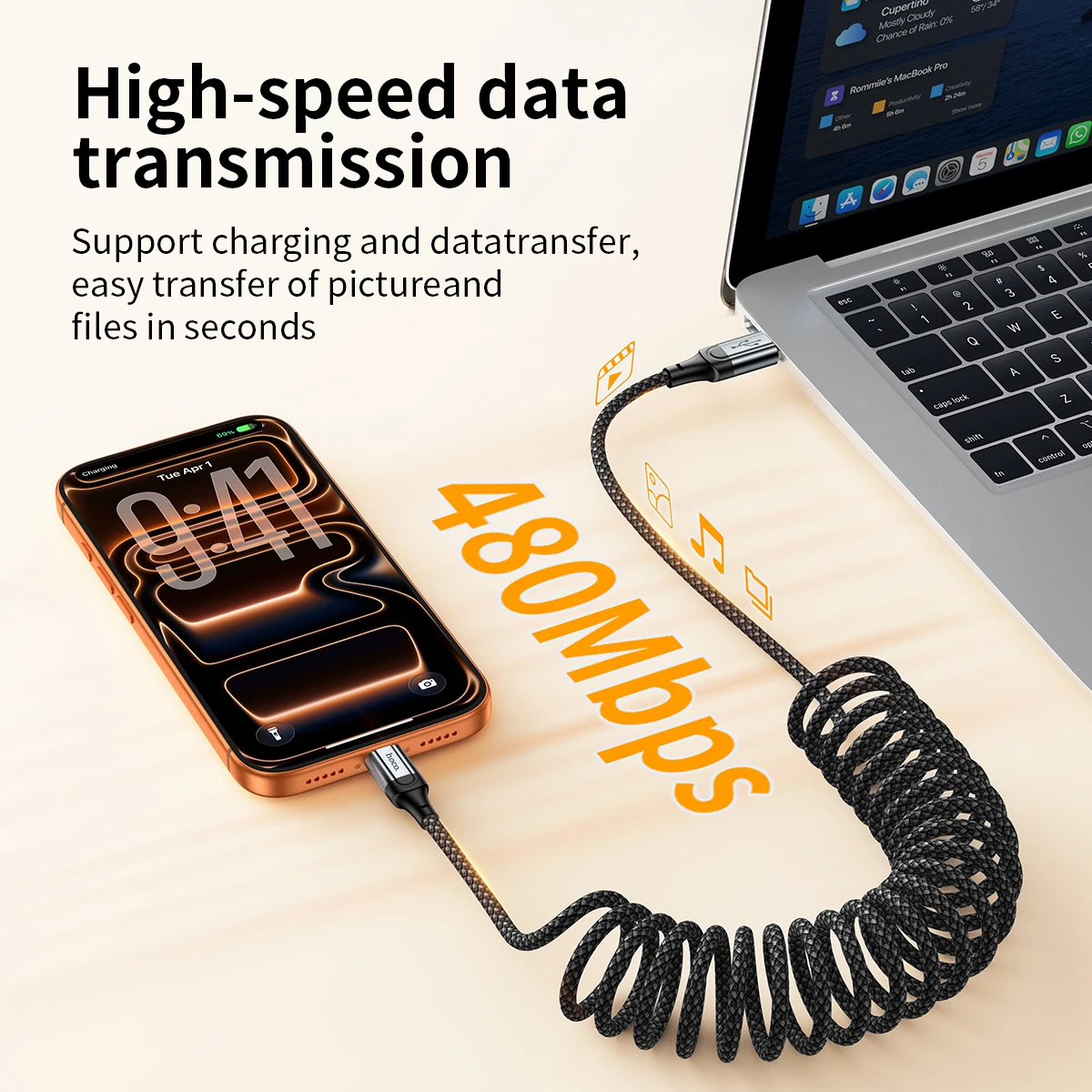 HOCO Spring USB C PD Fast Charging Cable with Telescopic Design