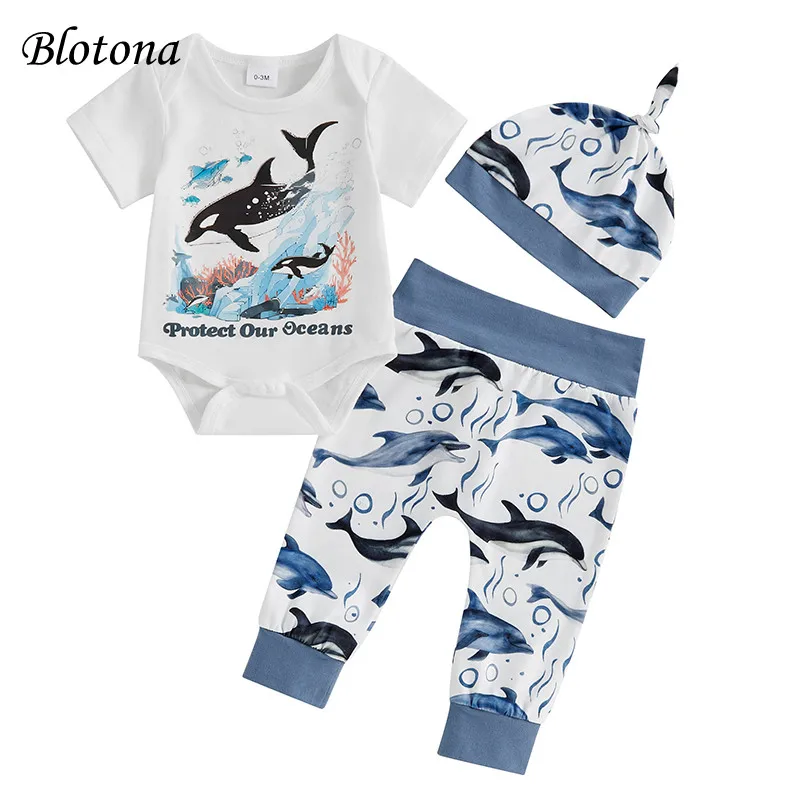 

Blotona Baby Boy Summer Outfit Letter Sea Animal Print Short Sleeves Romper and Elastic Pants Beanies Hat Set 3Pcs Clothes