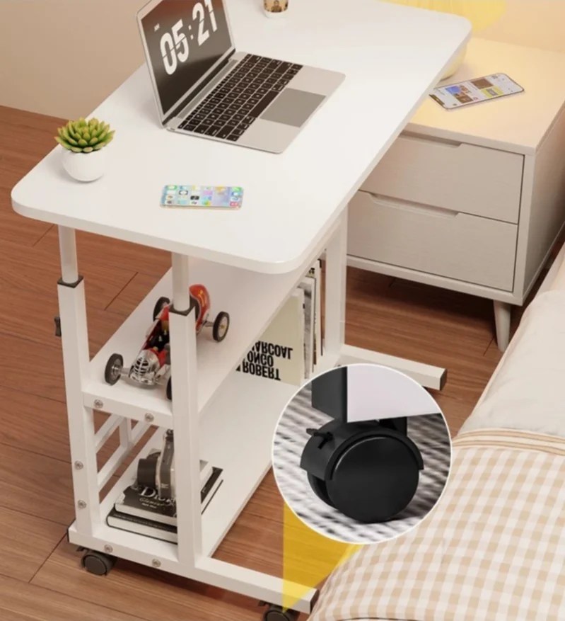 Three-layer Multifunctional Folding Desk with Wheels, Adjustable Height and Storage Shelves，Suitable for Bedroom, Outdoor Office
