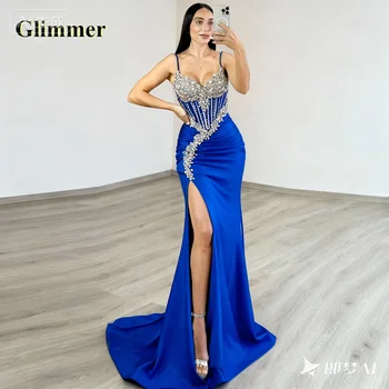 Glimmer Fancy Trumpet Prom Dresses 2025 Woman with Rhinestones Spaghetti Straps High Slit Pleat Robes De Soiree Customized 1