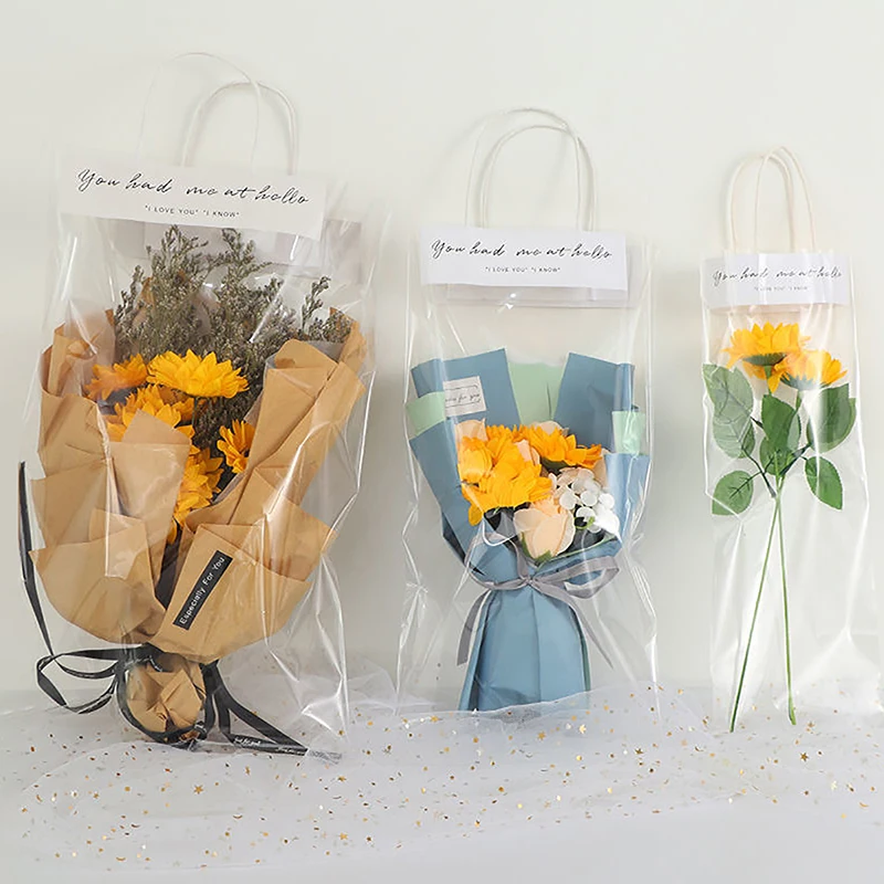 

10pcs Transparent PE Long Tote Bag Flower Packaging Flower Bouquet Bags Florist Decoration Celebration Party Gift Pouches
