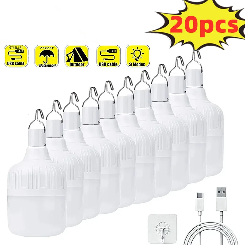 20-1pc Rechargeable Led Bulb Portable Camping Light Bulb Emergency Lighting Flashlight Lights Outdoor Picnics Hanging Tent Light