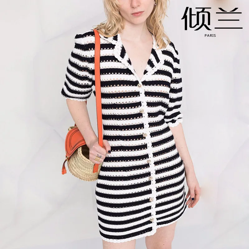 

PATADS French M Family Dress 2 Spring/Summer OL Commuter Stripe V-neck Knitted Hollow Short Skirt for Women RO02382