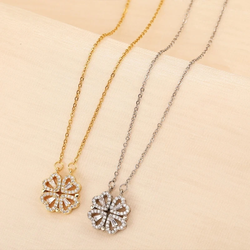 Fashion Four Leaf Gras Necklace Heart Necklace Cute Four Leaf Clover Necklace Dainty Gold Necklaces Rose Gift Box For Girlfriend