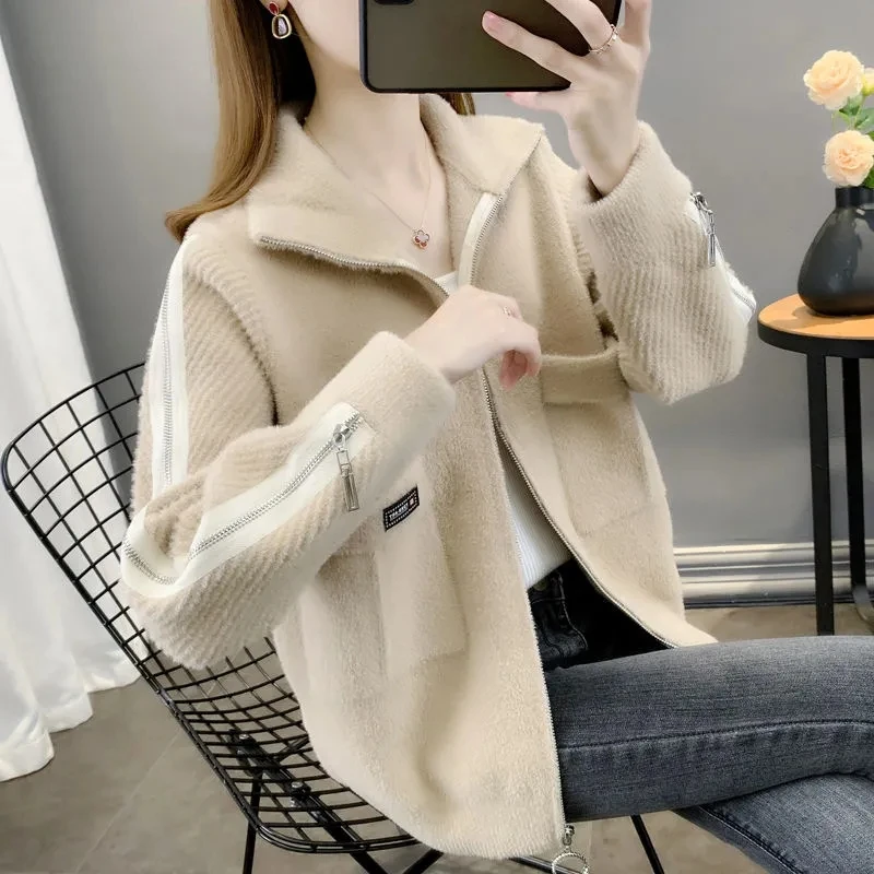 

New Faux Mink Fleece Knitted Cardigan Jacket Women 2023 Autumn Imitation Knitwear Zipper Tops Female Soft Cashmere Knitted Coat