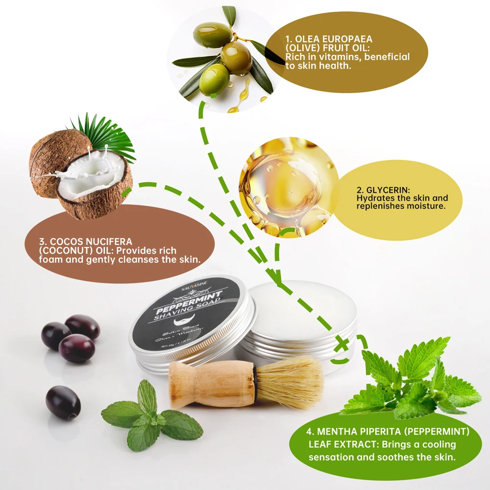 Mint Scent Men's Shaving Soap Shaving Brush Kit Long-lasting Soaps Refreshing Gentle Smooth Shave Beard Cream for Men