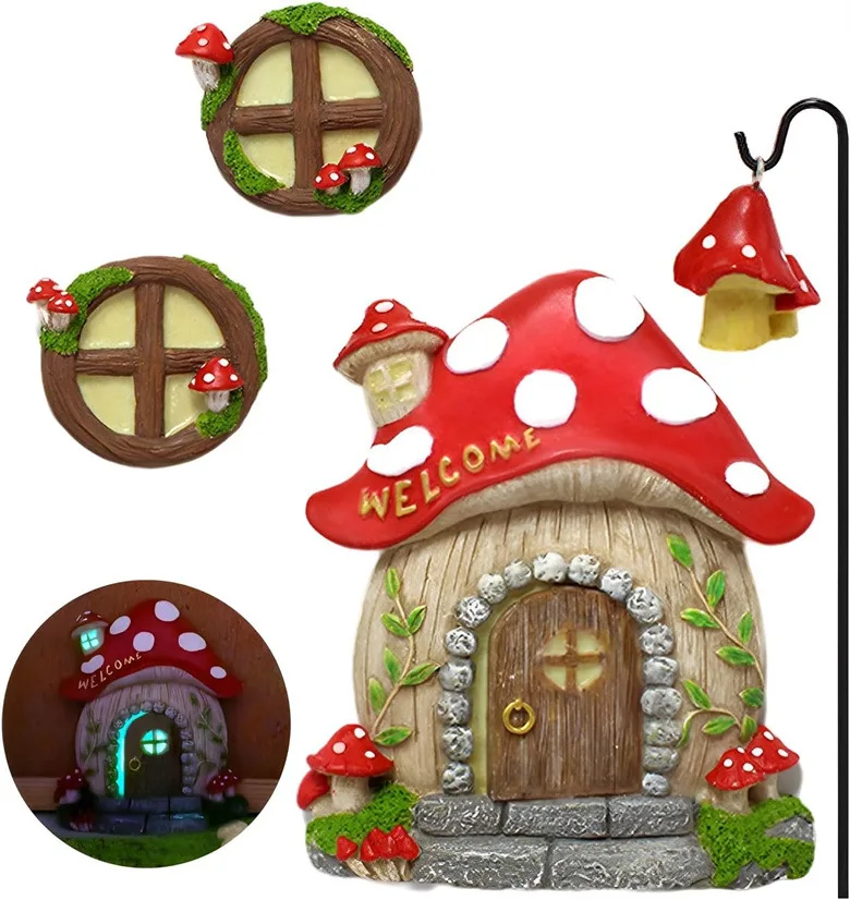 

New Nightlight Mushroom House Doors Windows Courtyard Hangers Environmentally Friendly Resin Crafts Garden Decoration Outdoor