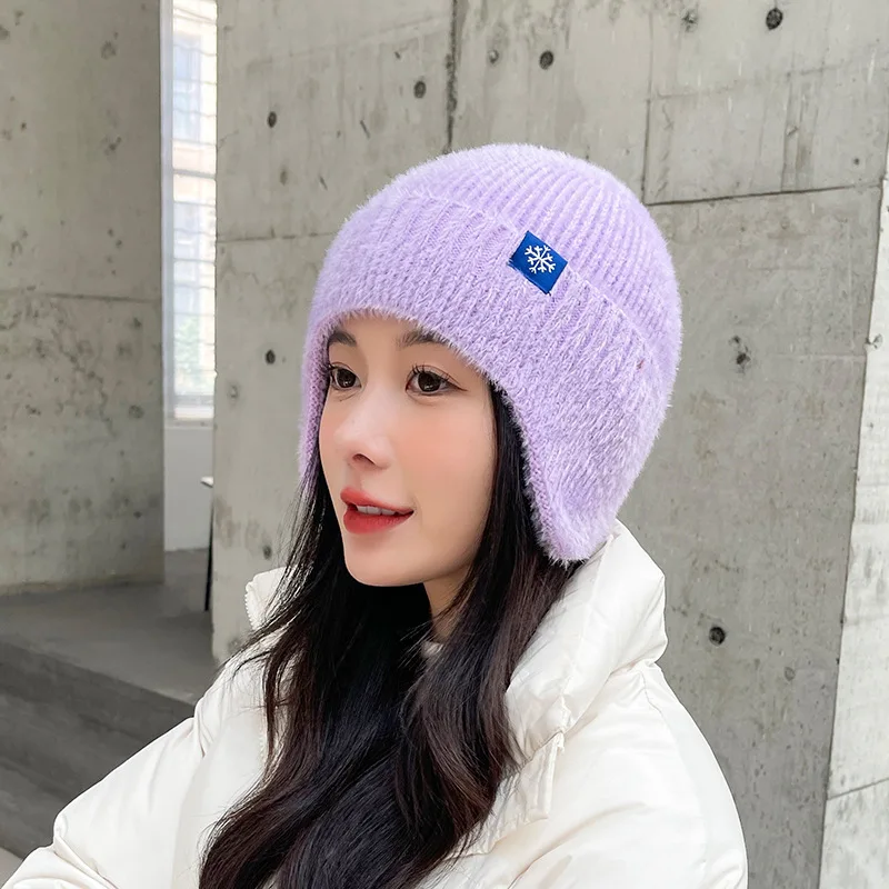 

Winter Women Ear Protection Hat Soft Fluffy Fur Knitted Hat Warm Plush Earmuffs Cap Ski Riding Bonnet Solid Color Girls Beanie