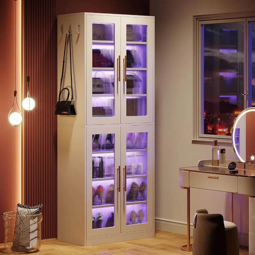 Tall Shoe Storage Cabinet with Acrylic Doors and LED Lights,  Entryway Shoe Organizer Rack with Adjustable Shel 3