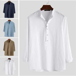 Loose Solid Shirt Men's Casual Cotton-Linen Pullover Large Size Long Sleeve Collarless Breathable Thin Clothes Youthful Menswear