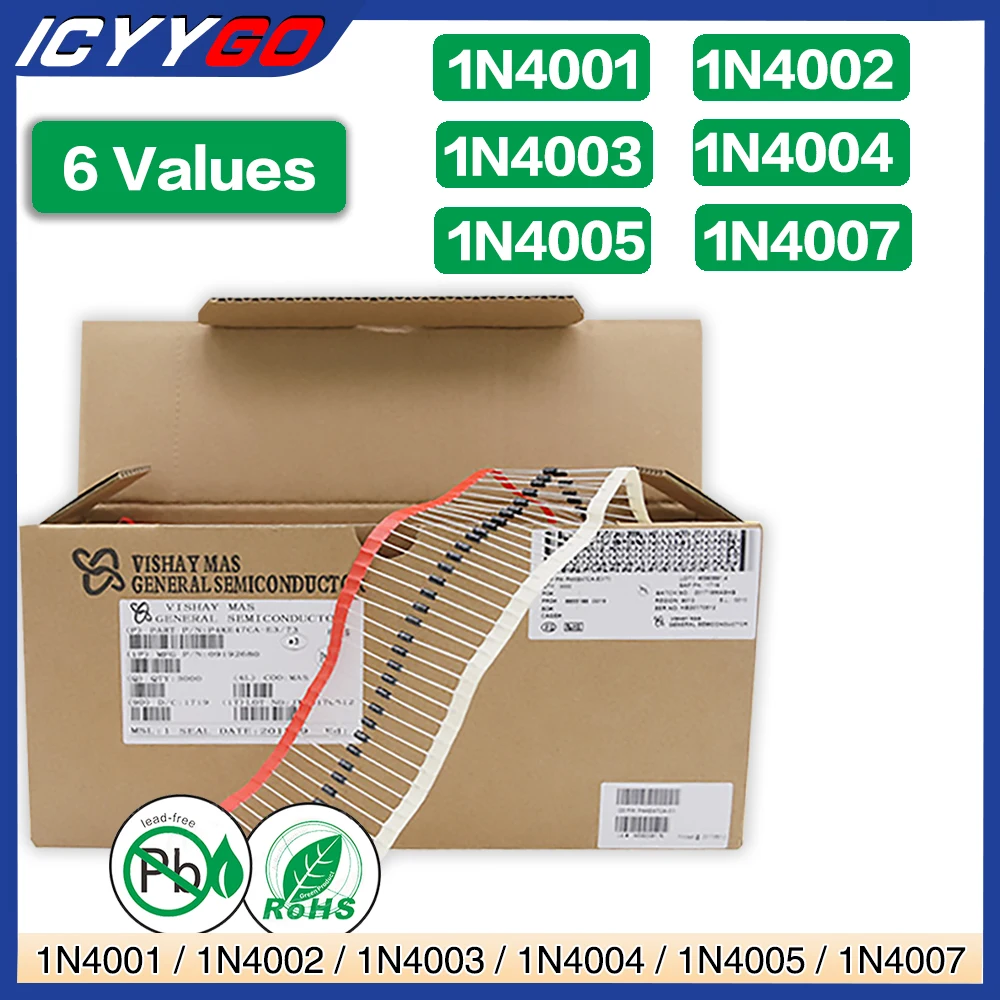 100Pcs 1N4001 1N4002 1N4003 1N4004 1N4005 1N4007 Diodo Raddrizzatore 1A Do-41 Do-204Al Assiale 50V 100V 200V 400V 600V 1000V 1N In