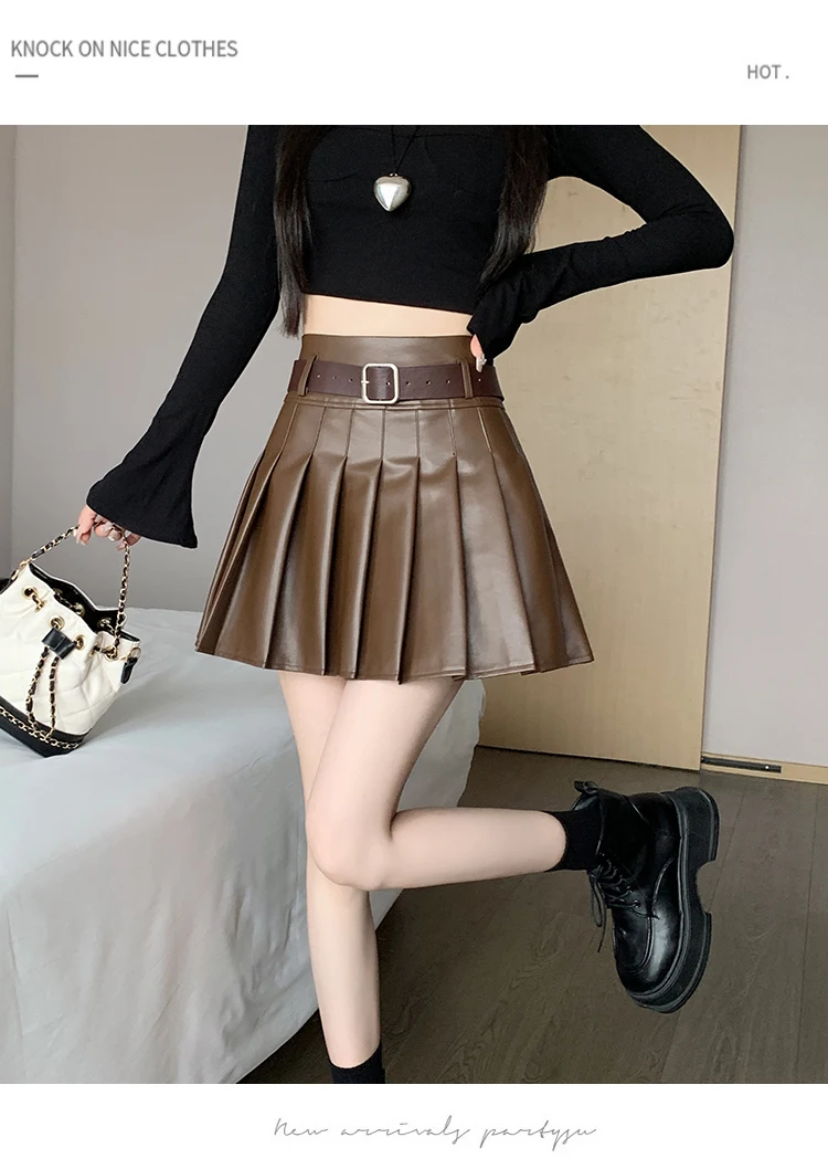 Braun Schwarz Winter Mini Leder Rock Frauen Mode Streetwear Hohe Taille Skater Faltenröcke Mit Shorts A-linie Jupe Plissée – Detail 10