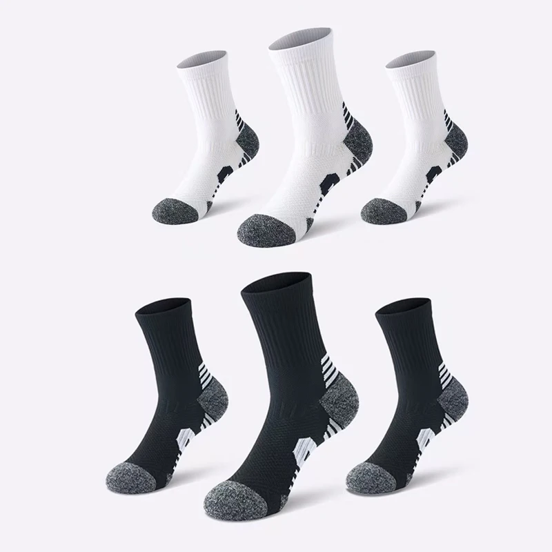 3 Pairs Men's Athetic Socks Sports Breathable Outdoor Running Compression Socks Traning Long Black White  BLUE Stretch Socks