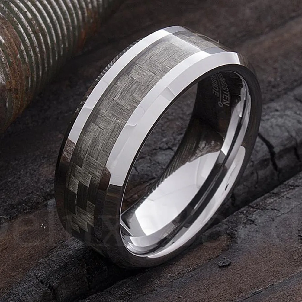 Wedding Rings Silver Ring Finger Rings Jewelry Rings Ring Jewelry 8MM Men's Tungsten Carbide Ring Inlay Black Carbon Fiber Size 6-13 For Mens Party