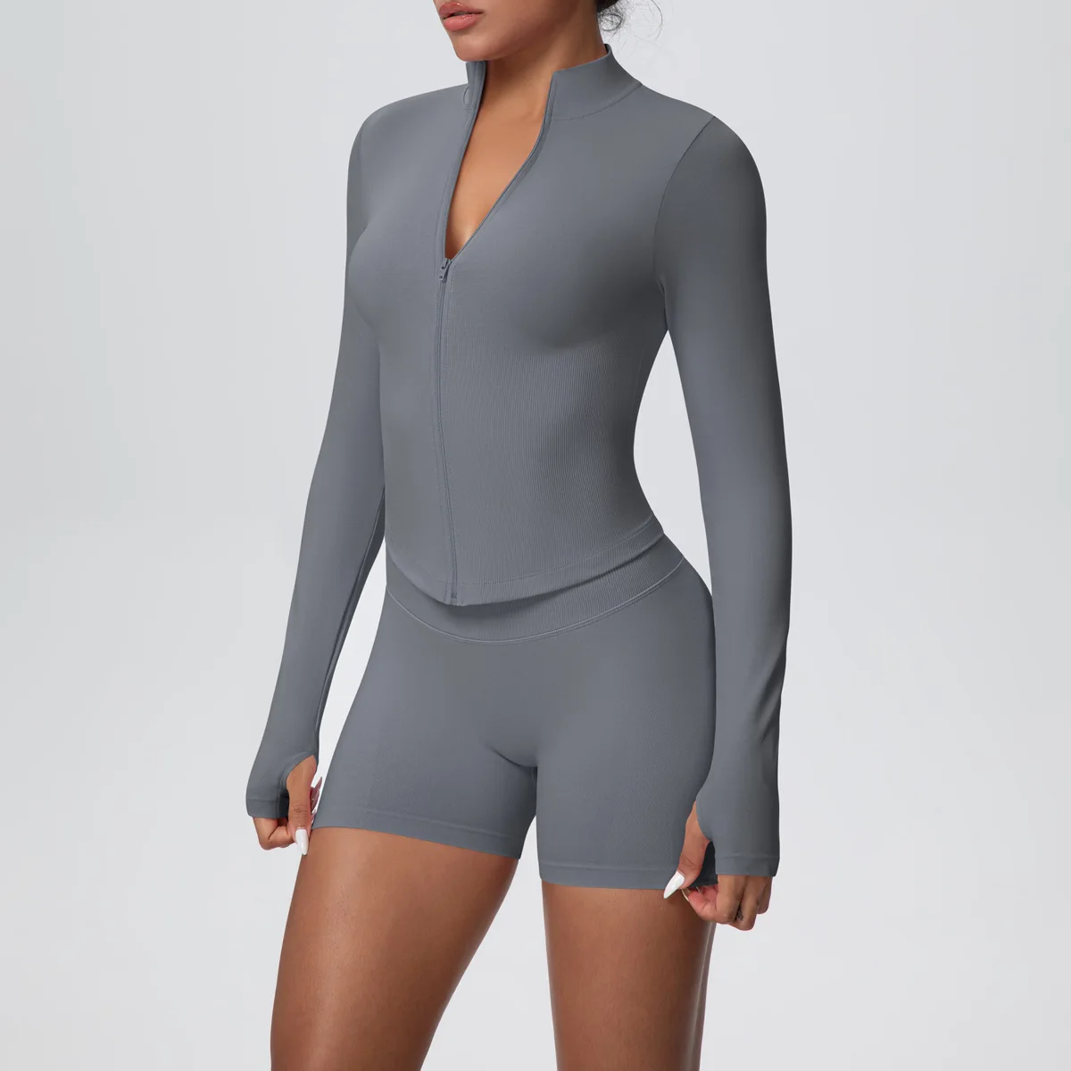 Women Gym Set - Seamless Yoga Suit With Zip Shirt & Cycling Shorts Activewear