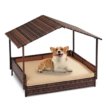 Wicker Dog House, Elevated Rattan Dog Bed with Canopy and Washable Cushion Cover, Indoor Outdoor Raised Pet House 1