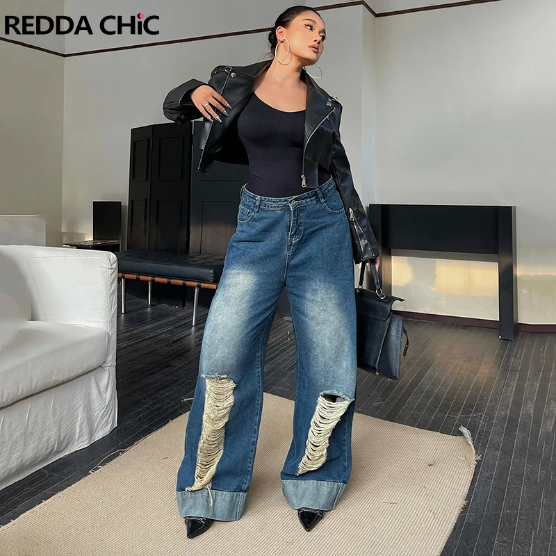 

REDDACHiC 90s Retro Torn Boyfriend Baggy Jeans Women Wash Blue Loose Casual High Rise Wide Leg Oversize Pants Plus Size Trousers